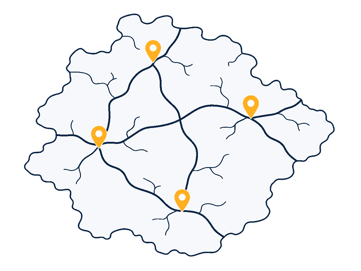 Illustrated map of our coverage area with pins across Evesham, Worcestershire, the Cotswolds and Warwickshire